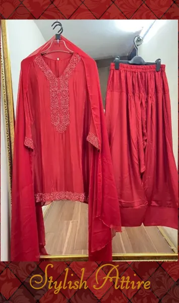 Luxury Russian Silk Pakistani Stitched Farshi Salwar 3 Pcs _ Red 